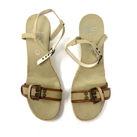 Tan fabric espadrilles wedge sandals, made in Spain, size 8 - Picture 6 of 12